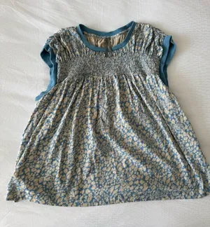 Anthropologie Blue Floral Smocked Short Sleeve Top Large thumbnail 1