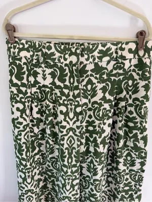 Cropped Wide-Leg Pants in Green and Cream Damask thumbnail 2