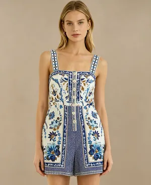 NWOT Farm Rio Linen Blend Floral Print Romper Blue Size S thumbnail 2
