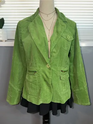 Paris Blues Lime Green Corduroy Fitted Utility Blazer Jacket Y2K L thumbnail 2