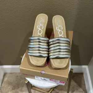 Sugar Gold and Silver Striped Mules Size 9 thumbnail 2