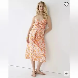 J. CREW Tie Front 100% Cotton Poplin Midi Loose Fit Dress in Orange Floral Small thumbnail 3
