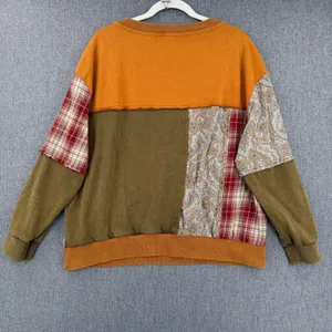 Oli & Hali Patchwork Distressed Pullover Sweatshirt Plaid Paisley Boho Fall Sz S thumbnail 2