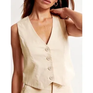 Abercrombie‎ & Fitch Cream Linen Cross Back Tailored Vest S Minimalist thumbnail 2