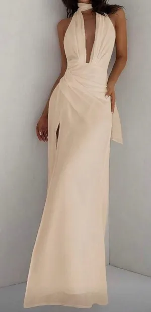 Elegant Cream Halter Maxi Dress Tan Size 0 thumbnail 1