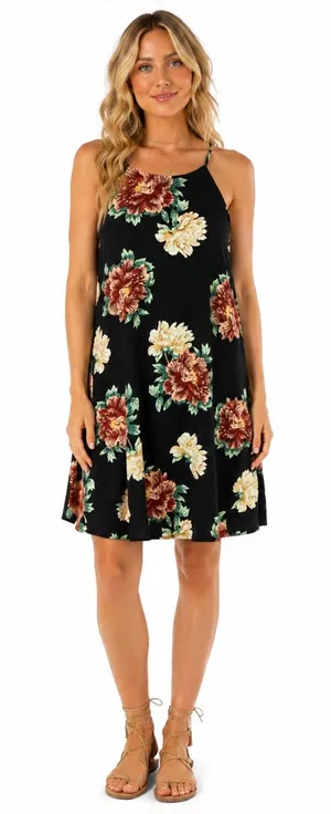 Ecote Entro Black Floral Halter Neck Swing Dress Medium Pockets thumbnail 1