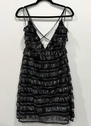 Southern Fried Chics Black Sequin Fringe Dress Adjustable Straps Size M NWT thumbnail 1