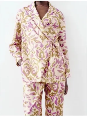 Zara Cream, Gold & Purple Floral Two-Piece Pantsuit set thumbnail 8