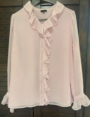Talbots Women’s Large Pink Ruffle Blouse Button Down Sheer Sleeves Career Party thumbnail 1