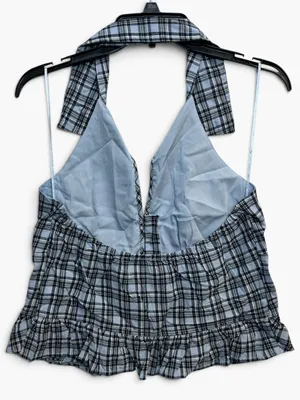 Hollister Blue Plaid Halter Peplum Top Women’s M Button Front Ruffle Y2K thumbnail 4