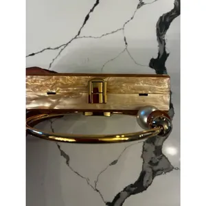 Lulu's Pearlescent Pink Acrylic Box Clutch with Gold Ring Handle thumbnail 3
