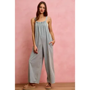 SO ME Wide Leg Lightweight Denim Overalls - Light Denim - Medium thumbnail 10