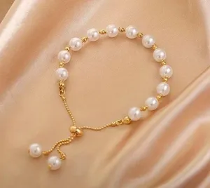 Elegant Gold White Faux Pearl Adjustable Golden Bracelet thumbnail 1