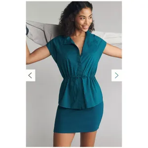 Sundry Anthropologie Cinched Waist‎ Mini Dress Teal Blue Cotton NWT Large Preppy thumbnail 3