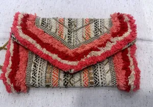 Antik Kraft Boho Beaded Fringe Envelope Clutch Crossbody Bag Pink Red fairy thumbnail 1