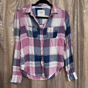 Abercrombie & Fitch 2013 Pink Blue Button Up Plaid Flannel Shirt XS thumbnail 1