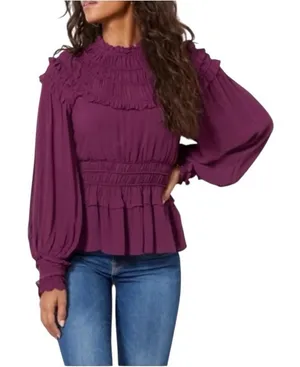 FARM RIO Ruffled Pleated Burgundy Purple Peplum‎ Blouse Sheer Sleeve Top XS thumbnail 1