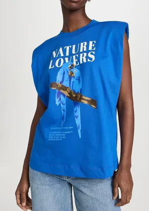 FARM Rio Nature Lovers Padded Shoulder Muscle Tee Blue Macaw Size Medium thumbnail 1