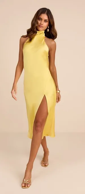 Lulus Exceptional Status Yellow Halter Backless Slip Midi Dress Small NWT thumbnail 1