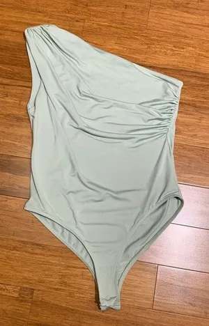 Zara Bodysuit Womens Medium Mint Green One Shoulder‎ Ruched Sleeveless Top Tank thumbnail 1