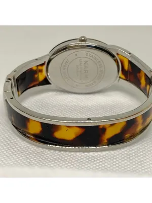 Narmi silver tone Tortoise shell cuff bracelet watch mop dial 28mm 6.5” running thumbnail 4