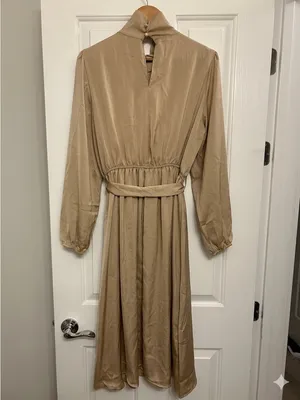 Lyaner Champagne Satin Mock Neck Tie-Waist Long Sleeve Midi Dress Size M thumbnail 2