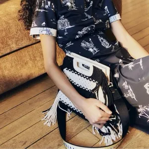 Maje M Bag in Leather and Bicolor Knit Black White Stripe Satchel NWT thumbnail 1