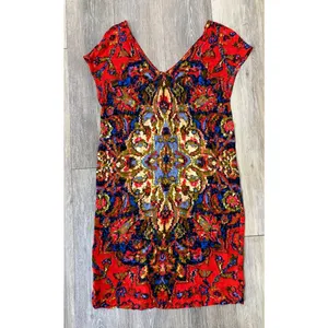 Maeve Anthropologie Dress XS Red Tunic Abstract Print V Neck Mini thumbnail 3