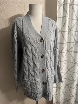 Women's Light Blue Cable-Knit Button Cardigan Sweater thumbnail 7