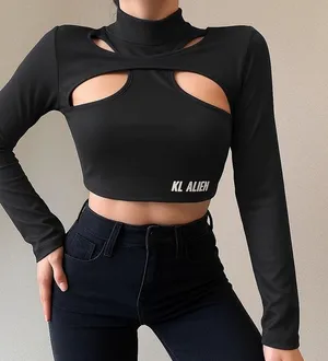 K-POP Inspired Black Cutout Crop Top – Long Sleeve, High Neck – Size XS‎ thumbnail 1