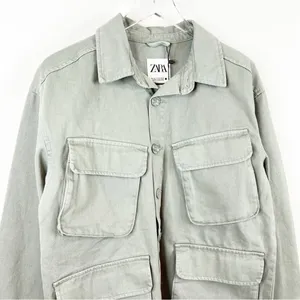NWT ZARA Women's The Utility‎ Oversized Shirt Chore Jacket XS Green Utility Chic thumbnail 4