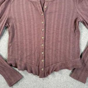 Pilcro Anthropologie Mauve Puff Sleeve Cardigan Women's Large Ribbed Stretch thumbnail 5