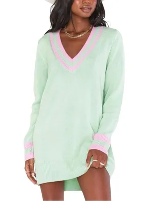 Show Me Your MuMu Hartford Sweater Dress Mint Green Pink Trim Oversized XXL thumbnail 2