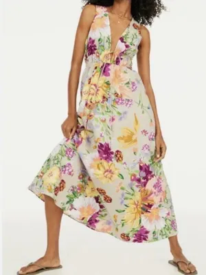 H&M Brown Purple&Pink Floral Deep V Linen&Cotton Maxi Dress Sz.M thumbnail 1