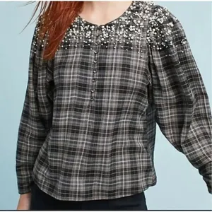 Anthropologie Akemi + Kin plaid flannel embellished pearl top M thumbnail 1