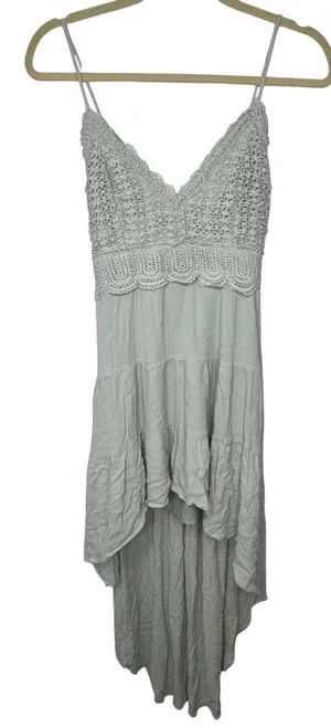 Privy‎ Sage Green Crochet Hi Lo Dress Womens Small Cami Strap Smocked Boho Lace thumbnail 1