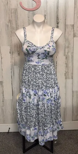 Almost Famous Blue Floral Tiered Midi Dress Women’s Small – Cottagecore Summer D thumbnail 1