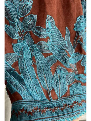 Vintage Mexican American long-sleeved Cotton tunic teal embroidered Brown floral thumbnail 11
