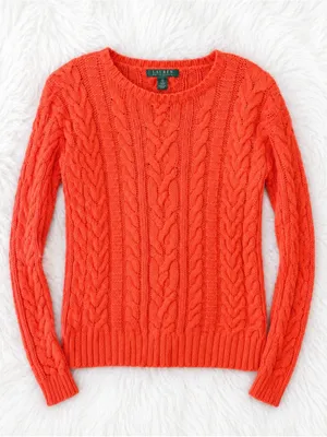 Lauren Ralph Lauren Bright Orange Cable Knit Crewneck Sweater| Size XS thumbnail 1