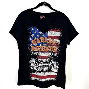 Harley Davidson Motorcycle American Flag Bling V-Neck T-shirt Laconia NH thumbnail 1