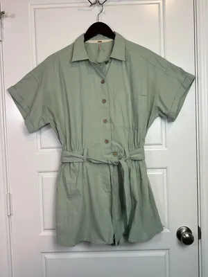 Free People Bohemian Sage Green Cotton No Plans Button Front Romper Size Medium thumbnail 2
