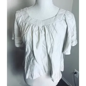 Boho Linen Blend Square Neck Blouse Peasant Beige Flutter Sleeve Top Cottagecore thumbnail 2