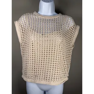 Steve Madden Open Knit Crochet Top Lined Beige Cap‎ Sleeve Coastal Boho Medium thumbnail 3