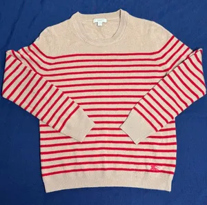 Burberry Brit 100% Cashmere Striped Sweater Red Beige Equestrian Logo M thumbnail 3