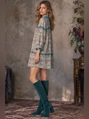 Anna Sui Boho Velvet Trim Printed Tunic Mini Dress - Long Sleeve Button Front L thumbnail 2