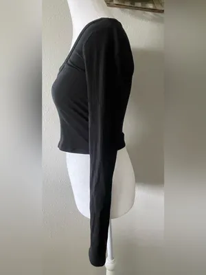 Reformation Paige Ribbed Knit Scoop Neck Long Sleeve Crop Top Black S thumbnail 2