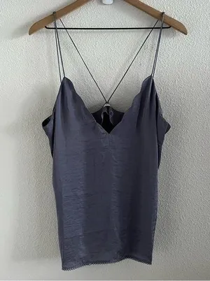 Free People Intimately Sensual Satin Scallop Deep V Cami Blue Gray Large thumbnail 1
