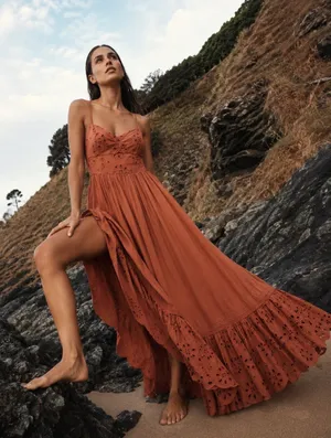 American Eagle Catie Corset Eyelet Midi Dress Terracotta L NWOT thumbnail 1