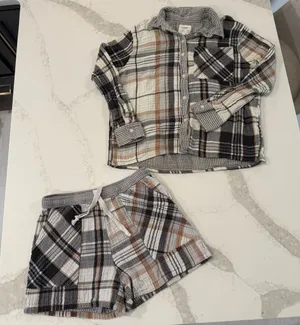 Aerie Soft Gauze Button Up Pajama Top & High Waisted Boxer Set Womens Small Gray thumbnail 1