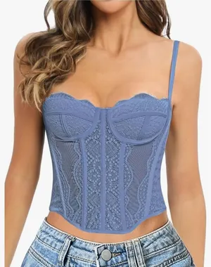 NEW Lace Bustier Mesh Sheer Boned Corset Crop Top Vintage Shapewear M thumbnail 1